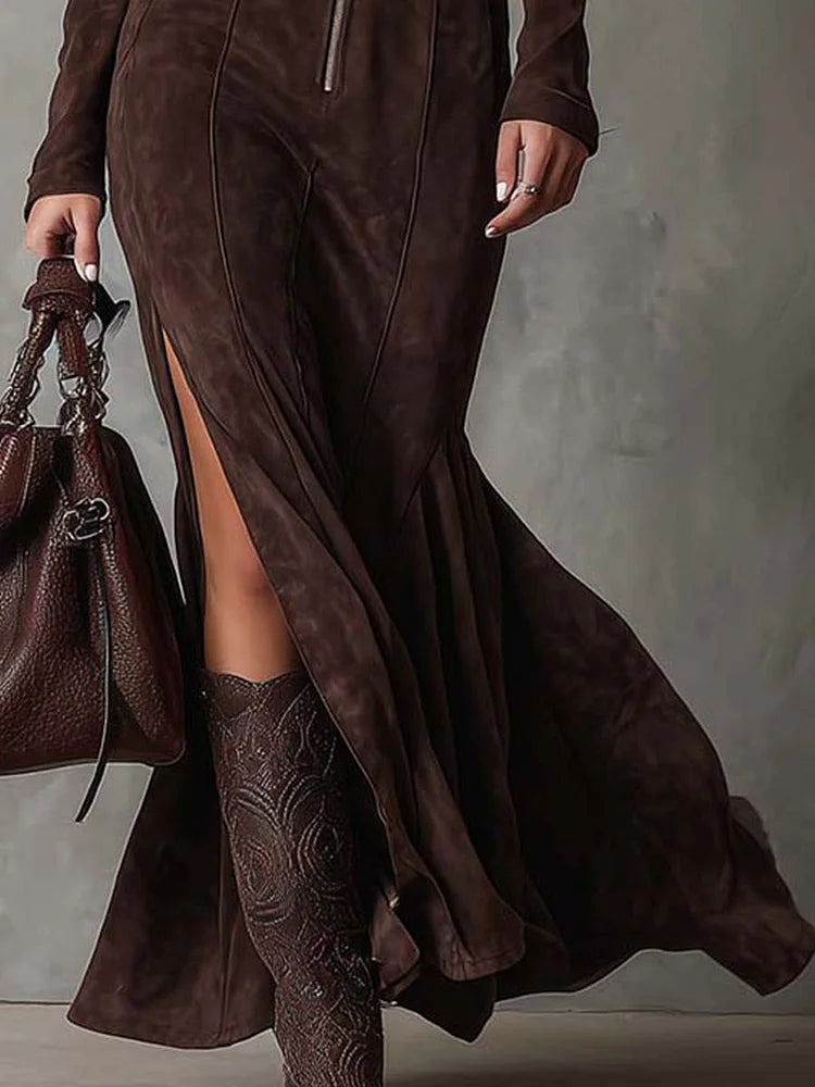 Mirella - Vestido maxi marrón con cinturón
