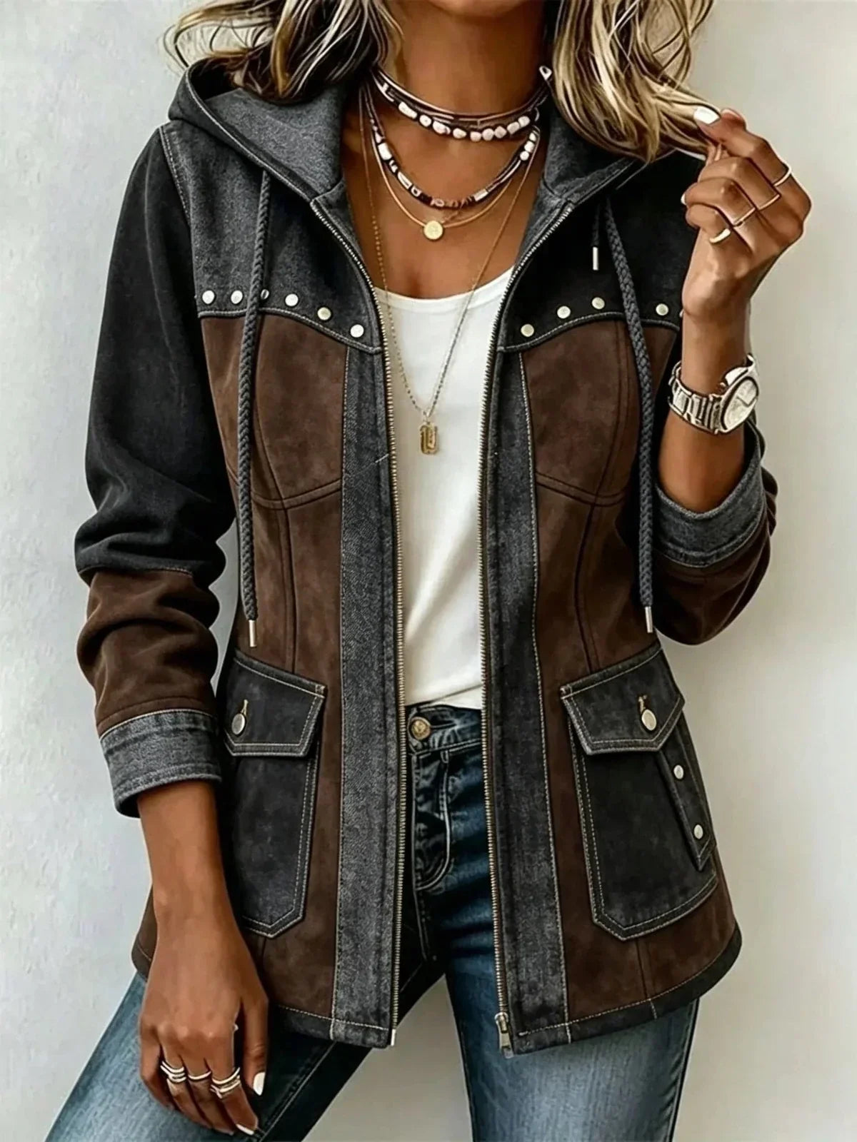 Sara | Chaqueta con capucha de dos tejidos