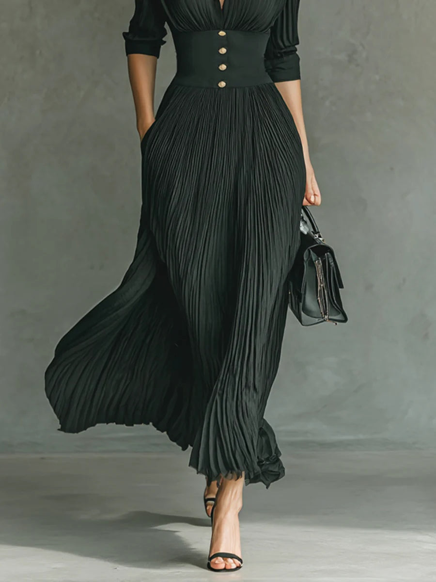 Elodia - Vestido maxi plisado con cuello de solapa
