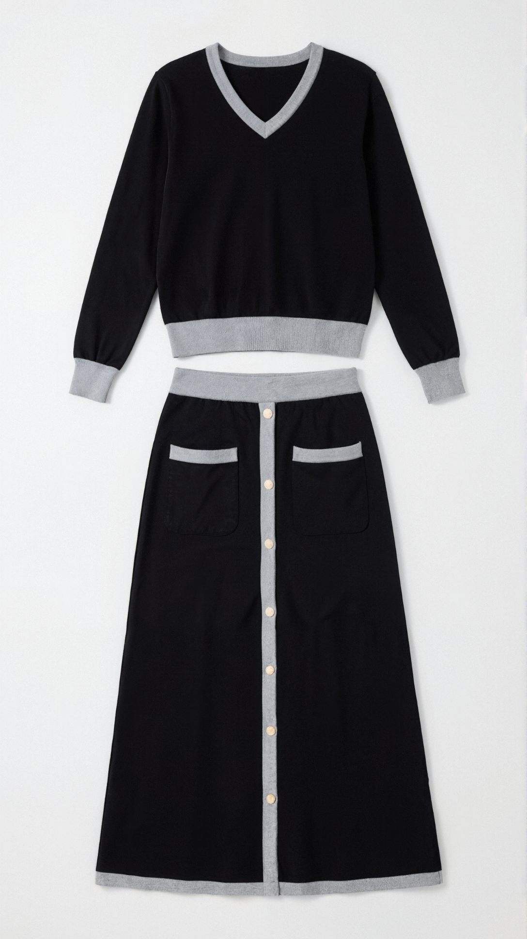 Conjunto de jersey de cuello en V y falda midi Cheryl