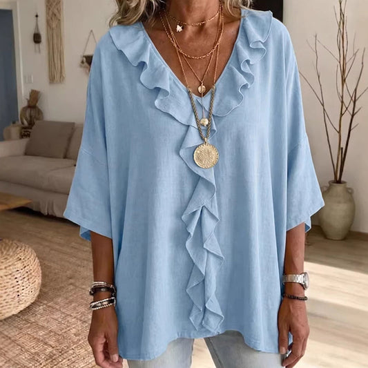 Raquel - Blusa casual con cuello en V y volantes