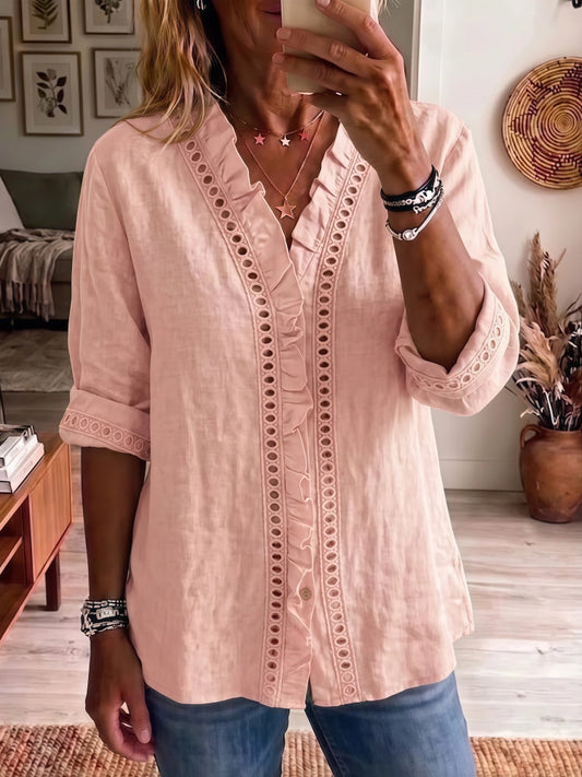 Ainhoa - Blusa con cuello en V, volantes y bordado calado