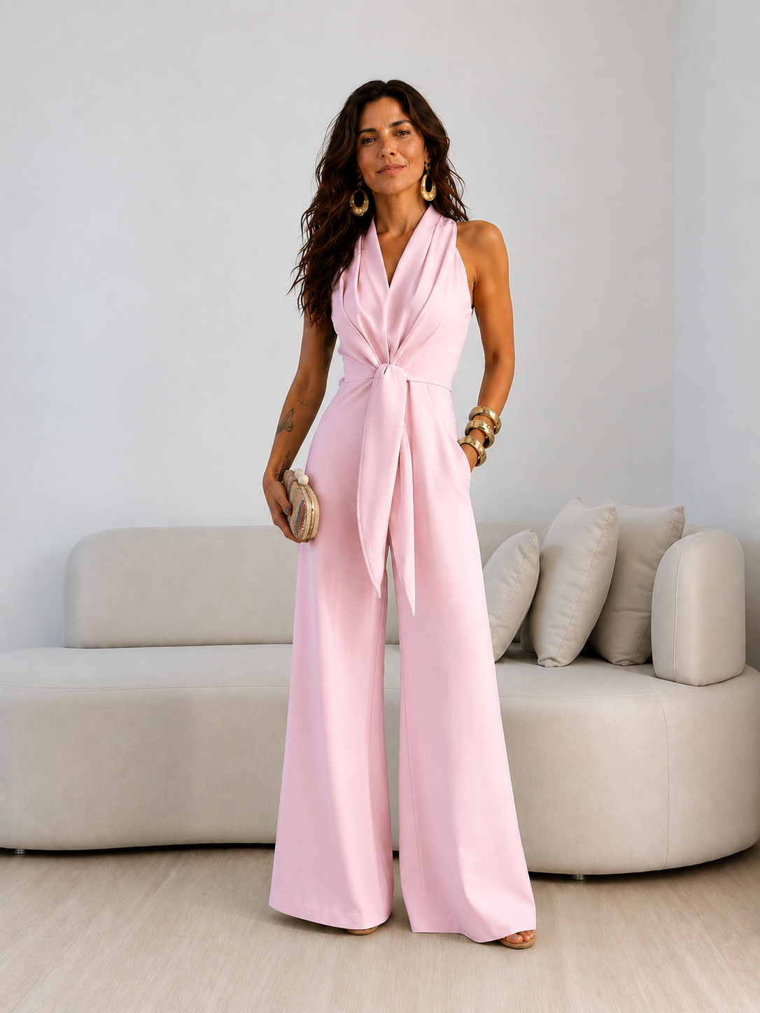 Valentina | Mono halter con lazo delantero y corte de pierna ancha tipo palazzo