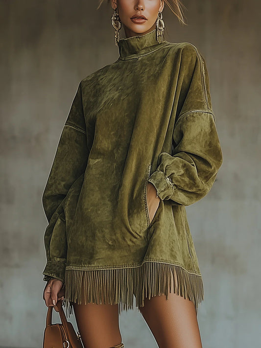 Greta - Vestido de terciopelo con cuello alto y flecos