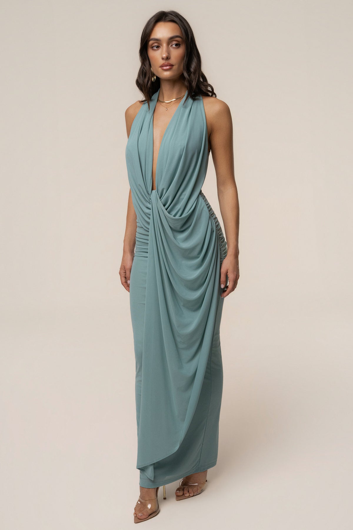 Martina - Vestido largo con escote pronunciado - Color verde azulado