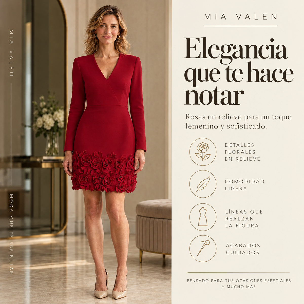 Vega | Vestido elegante con rosas en relieve