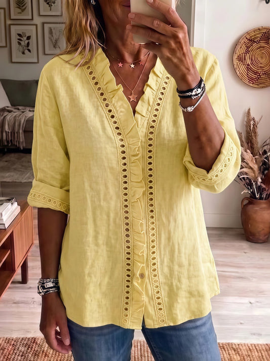 Ainhoa - Blusa con cuello en V, volantes y bordado calado