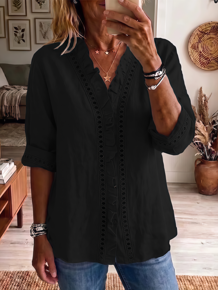 Ainhoa - Blusa con cuello en V, volantes y bordado calado