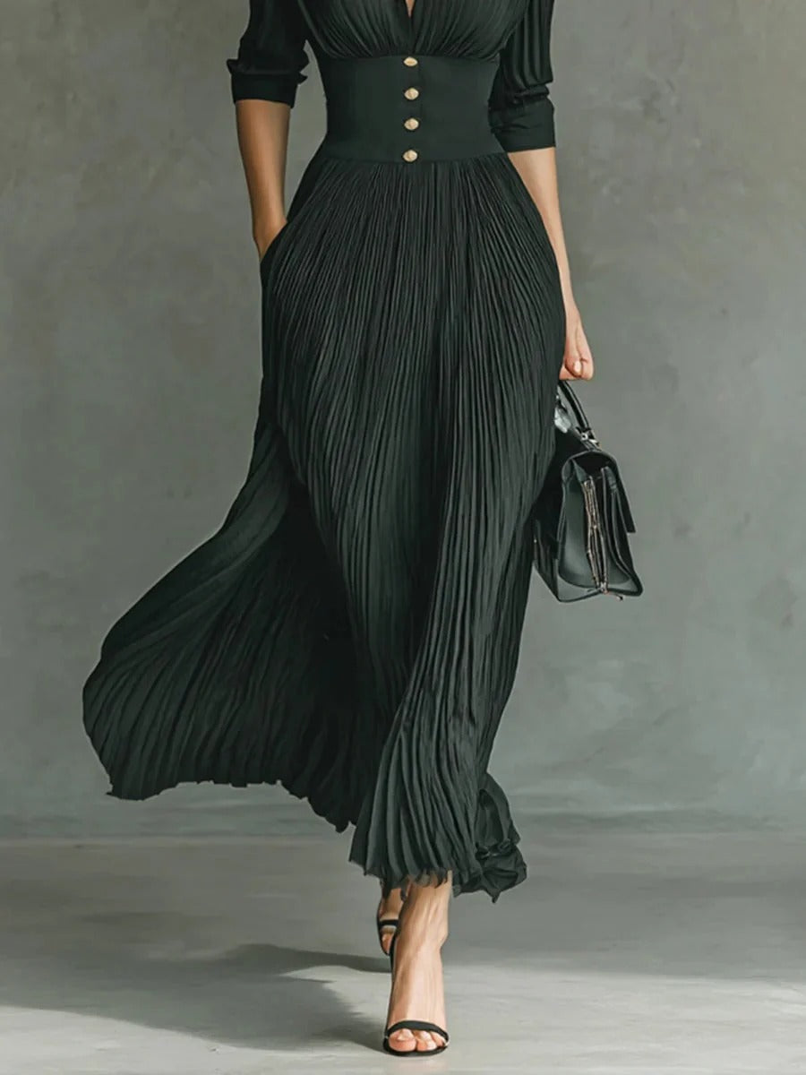 Elvira | Vestido largo plisado con solapa y cintura alta