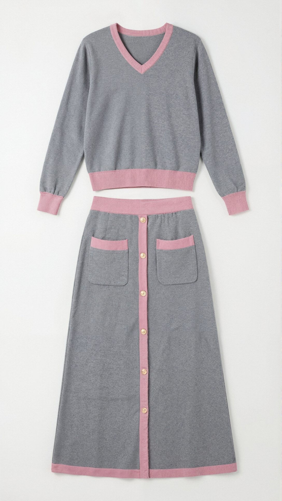 Conjunto de jersey de cuello en V y falda midi Cheryl