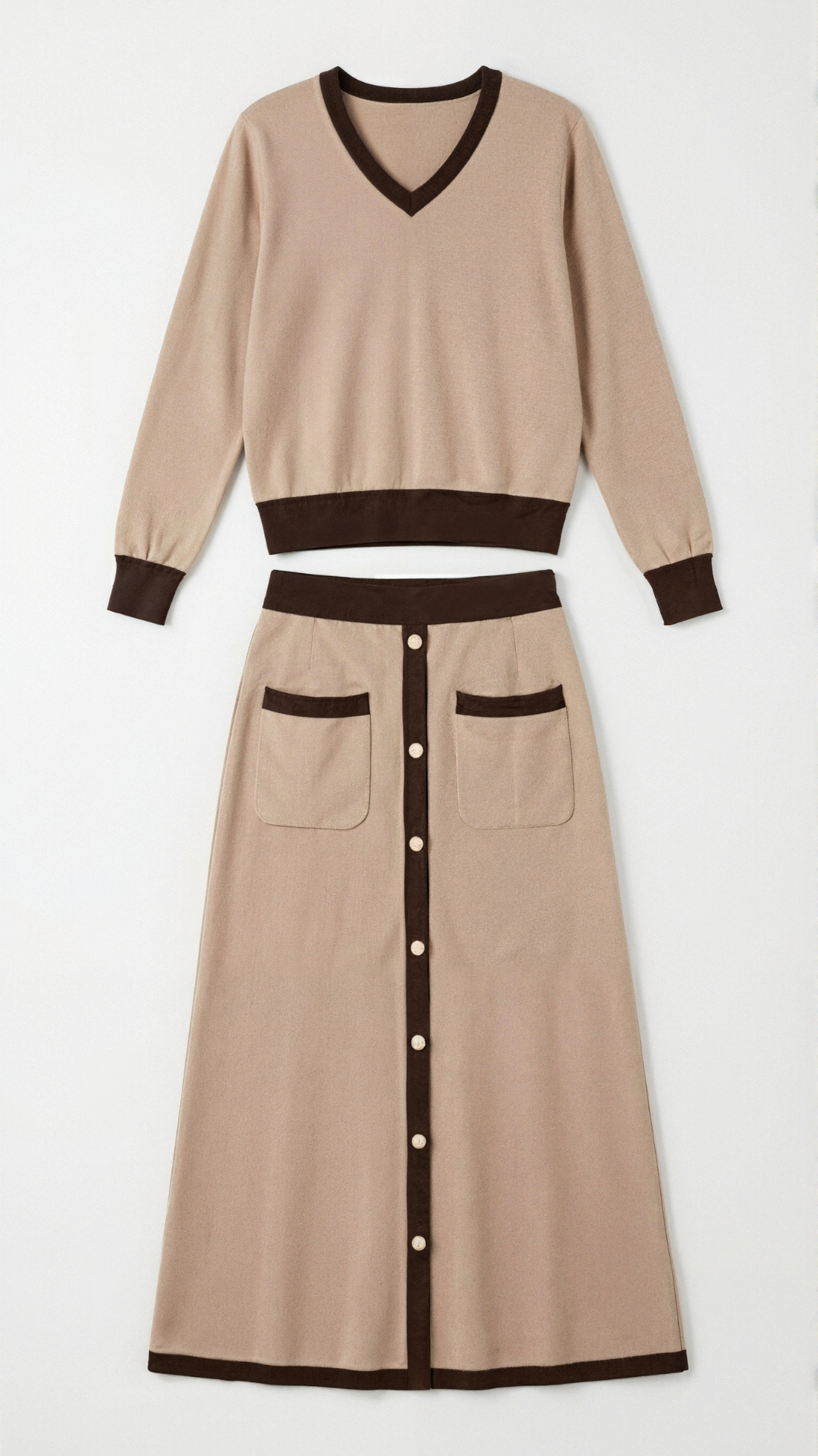 Conjunto de jersey de cuello en V y falda midi Cheryl