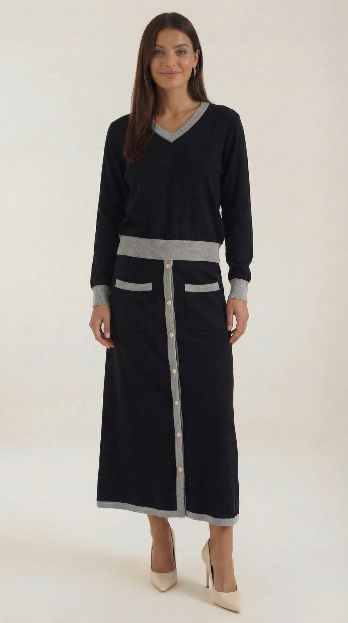 Conjunto de jersey de cuello en V y falda midi Cheryl