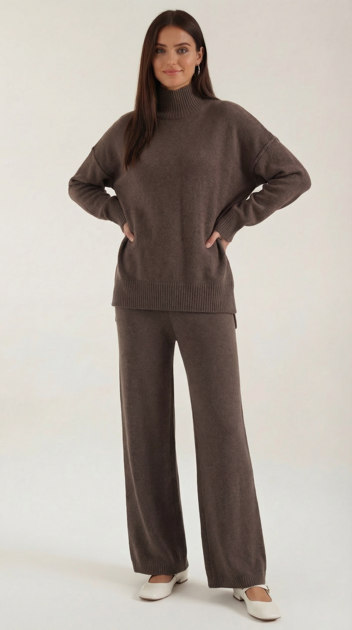 Conjunto de jersey de punto de cuello alto y pantalones vaqueros
