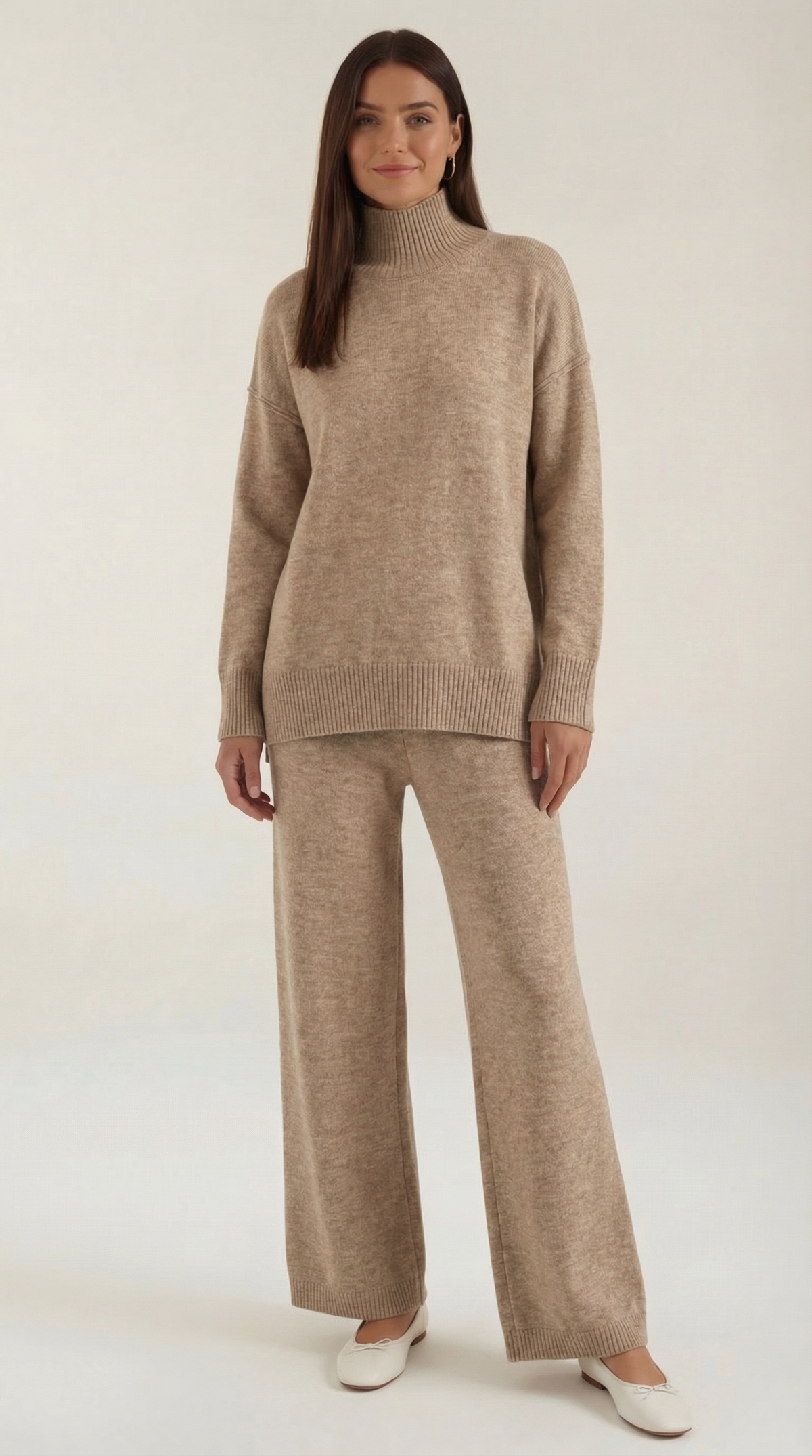 Conjunto de jersey de punto de cuello alto y pantalones vaqueros