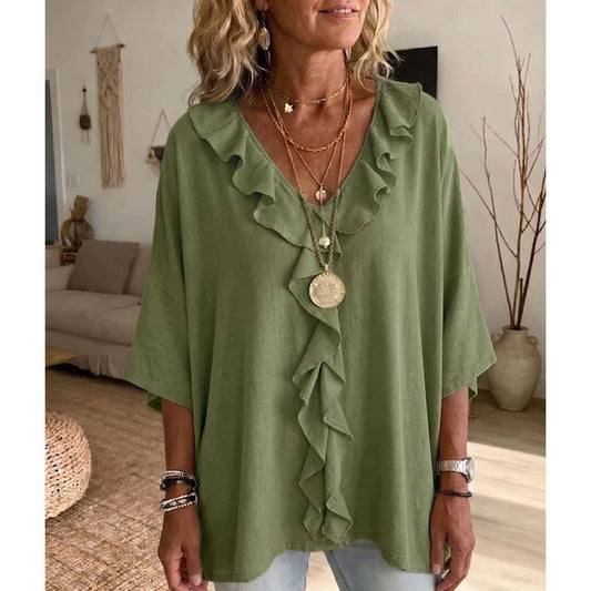 Raquel - Blusa casual con cuello en V y volantes
