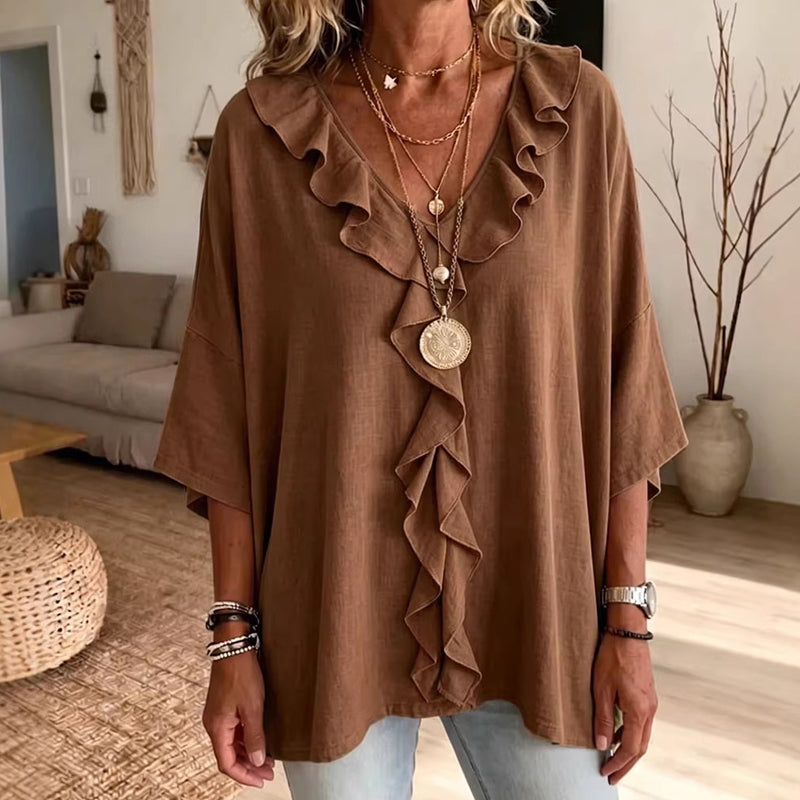 Raquel - Blusa casual con cuello en V y volantes