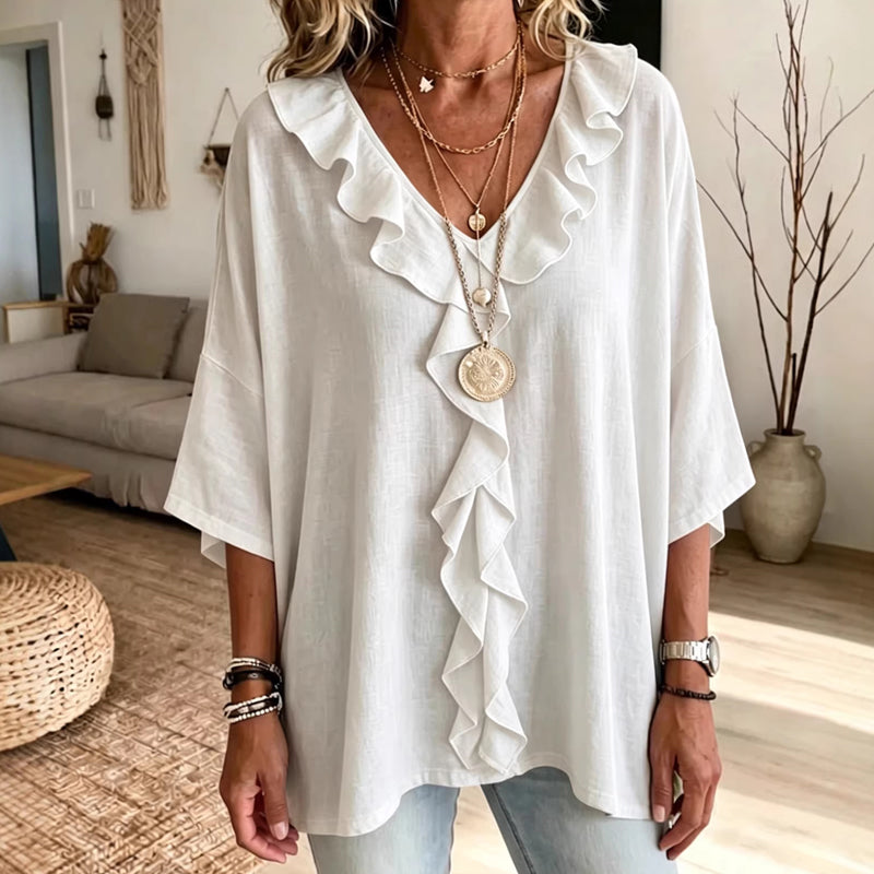 Raquel - Blusa casual con cuello en V y volantes