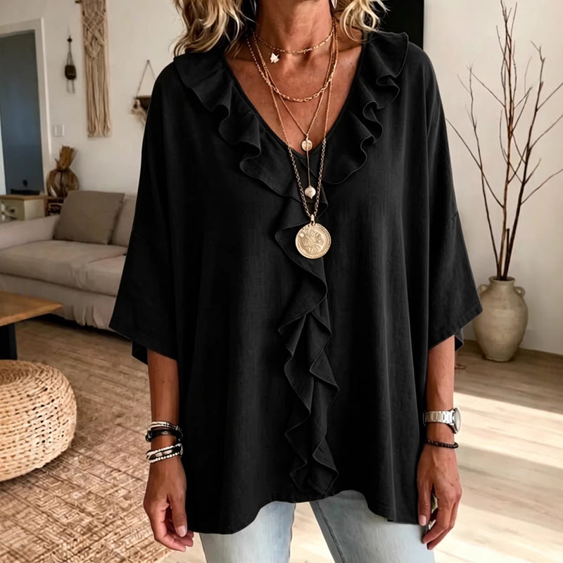 Raquel - Blusa casual con cuello en V y volantes